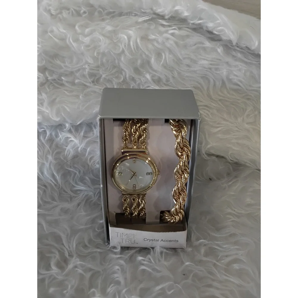 Time and Tru Women Gold Tone Crystal‎ Accent Watch Bracelet Set